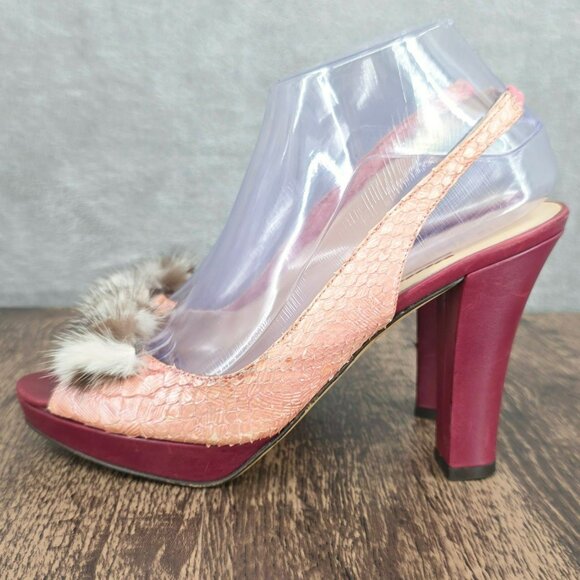 Kate Spade New York Slingback Peep Toe Heels 8.5 B Pink Red Leather Fur Scaled - Picture 9 of 16